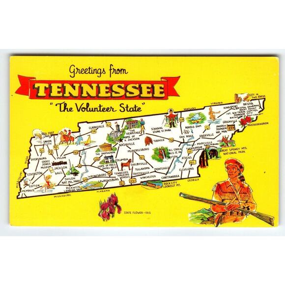 Postcard Greetings From Tennessee The Volunteer State Map Postcard Dexter Chrome - Picture 1 of 2